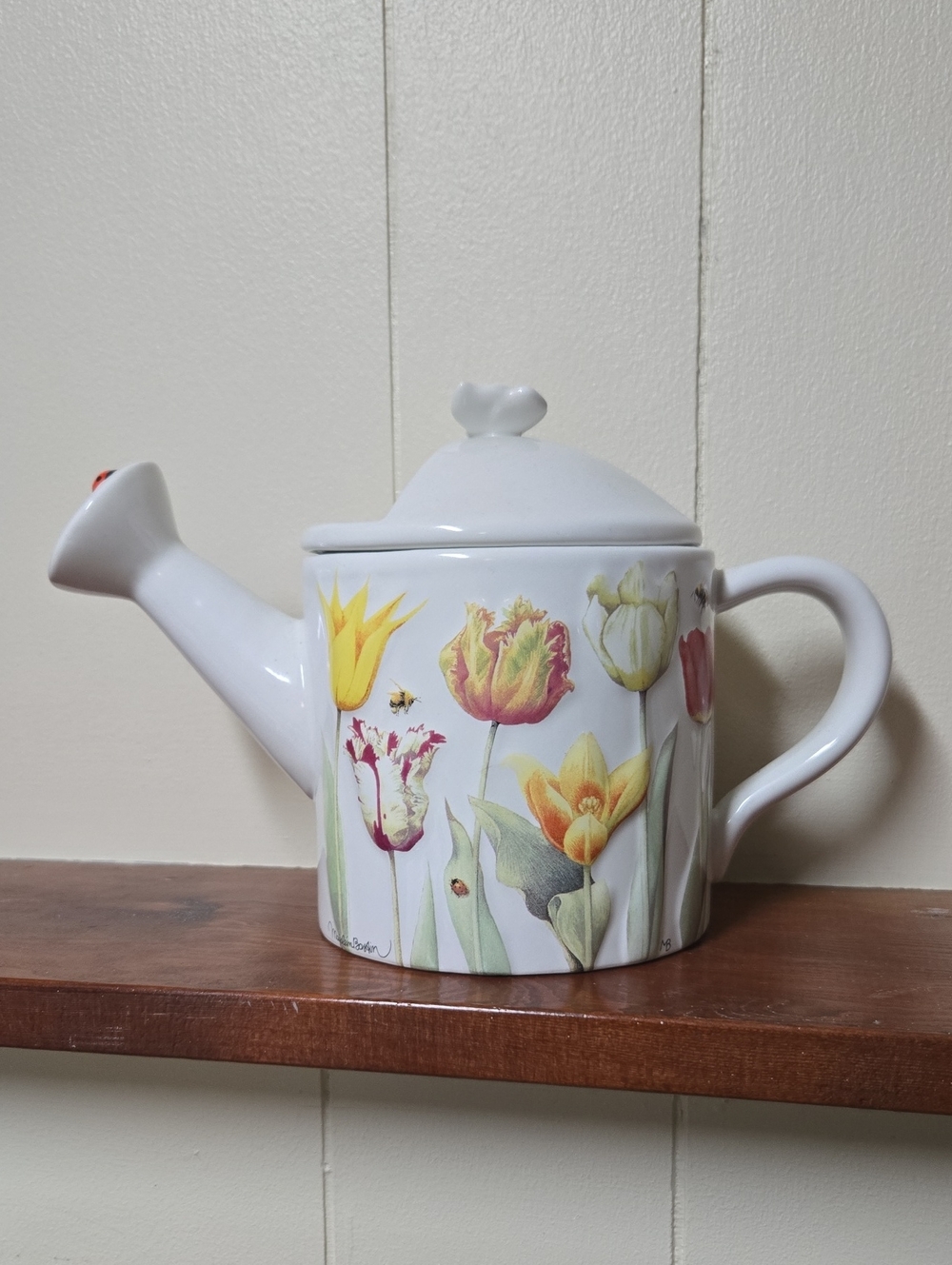 Hallmark White Ceramic Tulip Watering Can Tea Pot with Yellow & Pink Flowers